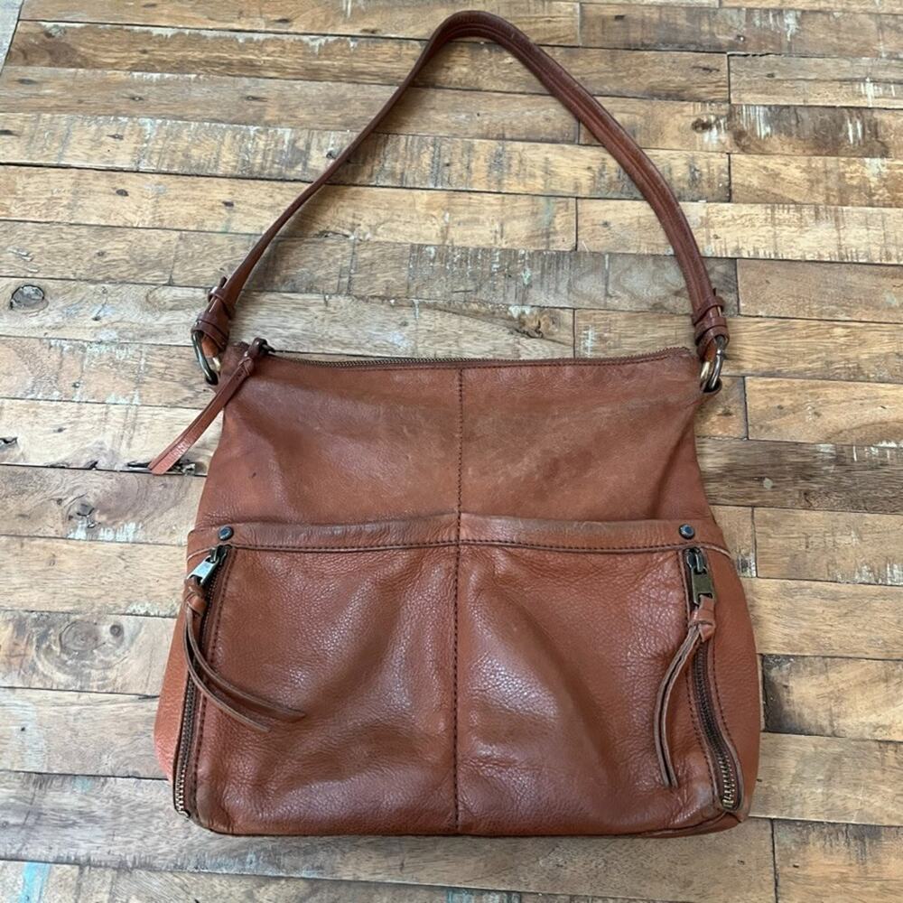 Slouchy Brown Leather Shoulder Bag 11" Multi Pocket w/ Tassel Pulls